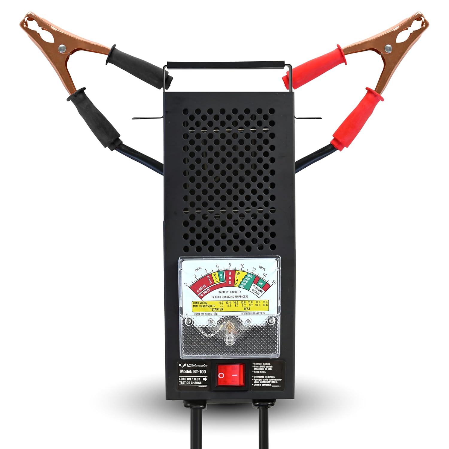 Schumacher Electric BT-100 Battery Load Tester and Voltmeter, front view with color-coded heavy-duty clamps