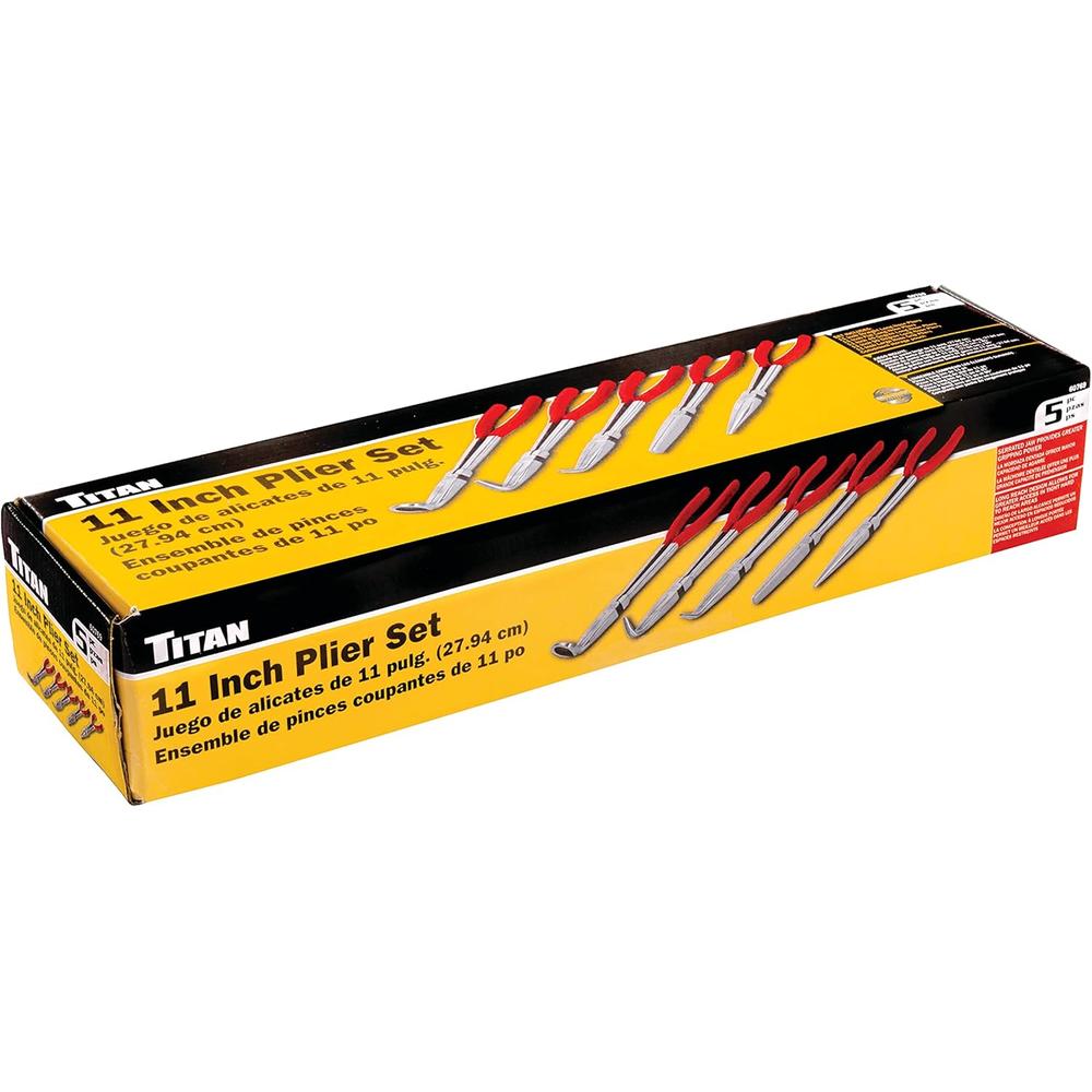 Titan Tools 60769 5-Pc 11" Long Nose Pliers Set - Straight, 45°, 90°, Flat & Large Hose Grip Pliers