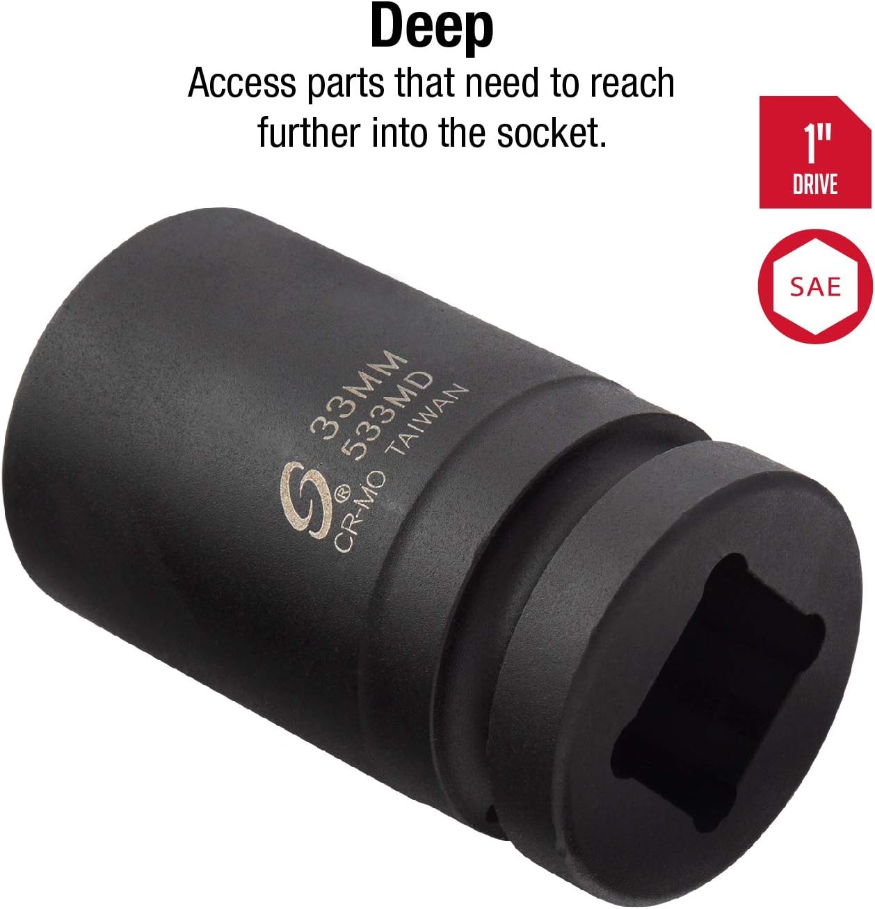 Sunex Tools 533MD, 1 Inch Drive, 33mm Deep Impact Socket, Cr-Mo Steel, Radius Corner Design, Chamfered Opening, Dual Size Markings