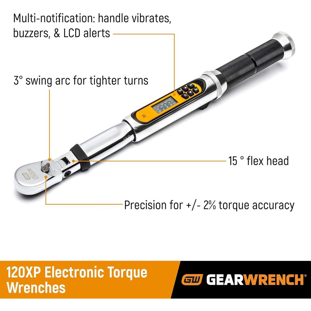 GearWrench 85195 Clé dynamométrique électronique à tête flexible 120XP à entraînement 3/8" avec angle, 0-100 FT-LB, 15,87" de long, comprend un étui moulé