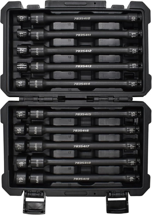 Astro Pneumatique 78354 10 pièces 3/8" Dr. 9" Jeu de douilles d'extension à impact universelles sans broche métriques à économie de couple, 10 Mm-19 Mm