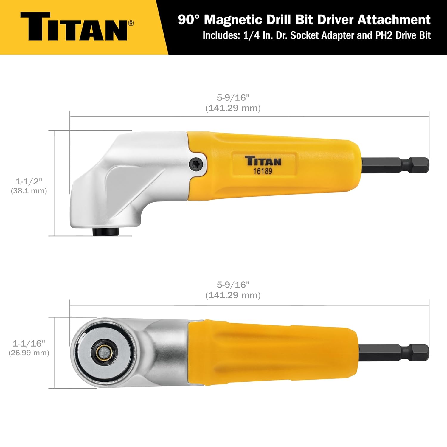 Titan Tools 16189 Perceuse magnétique à 90° et tournevis à embout, qualité impact, tige hexagonale 1/4"