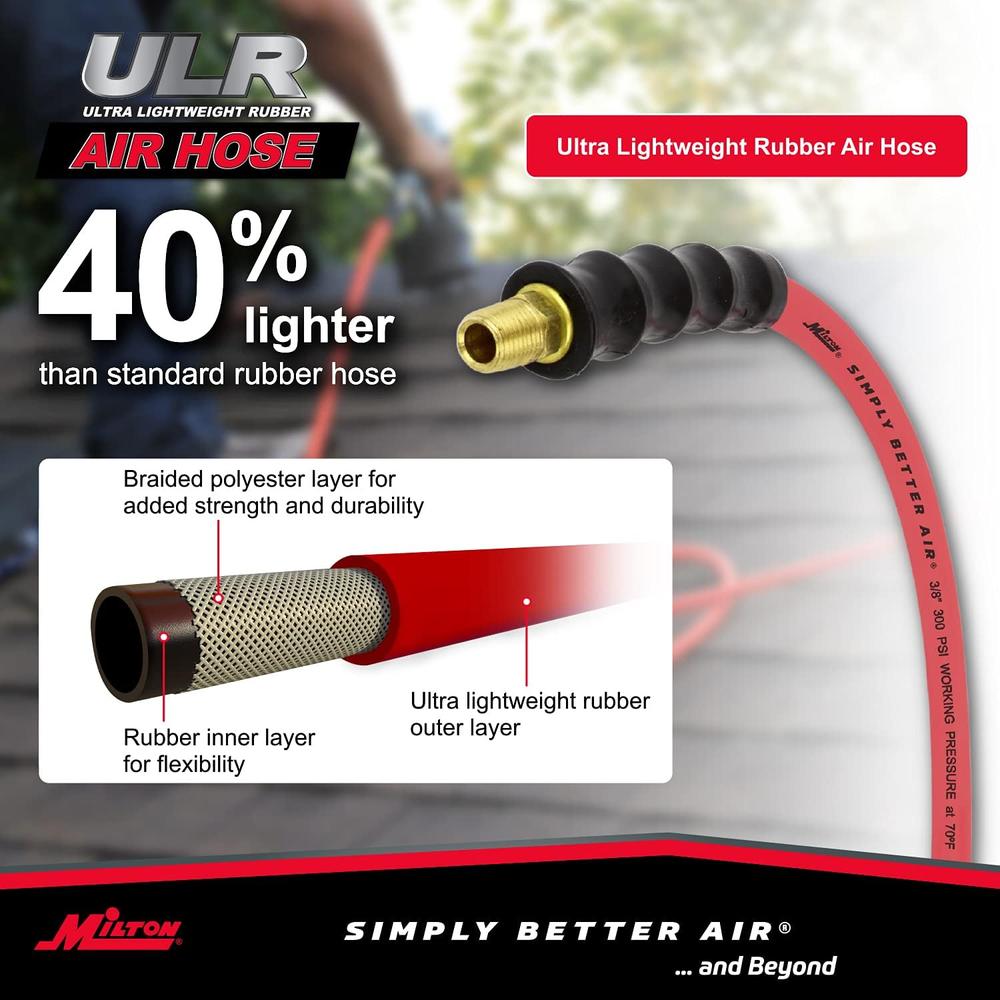 Milton Industries ULR385014 TUYAU À AIR EN CAOUTCHOUC ULTRA LÉGER 3/8" X 50' AVEC EXTRÉMITÉS 1/4" NPT