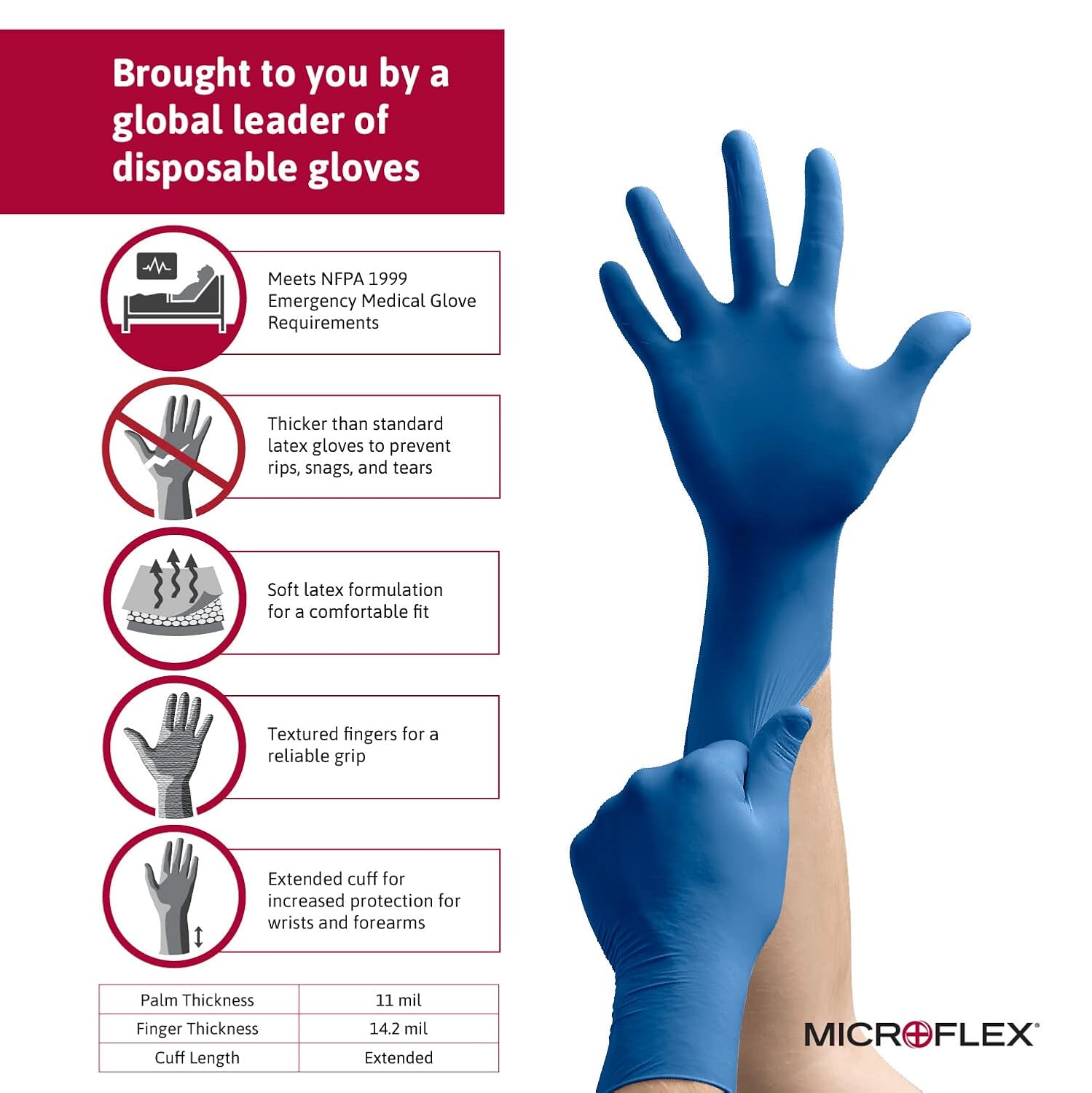 Gants d'examen Microflex SG-375-XL-Box Safegrip, latex PF, texturé, manchette allongée, bleu, XL (lot de 50)