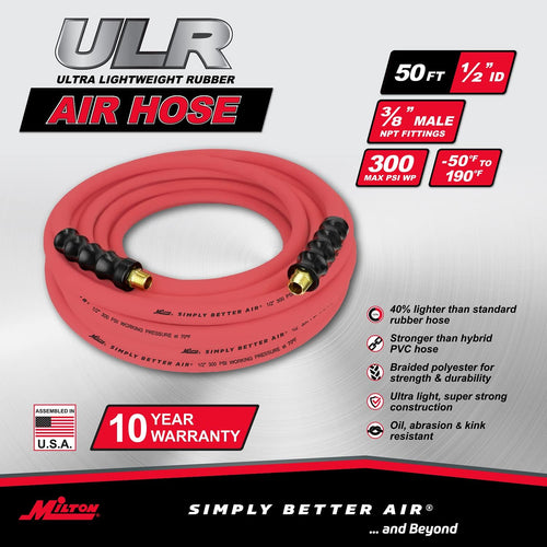 Milton Industries ULR125038 Tuyau d'air en caoutchouc ultra léger 1/2" x 50' avec extrémités 3/8" NPT