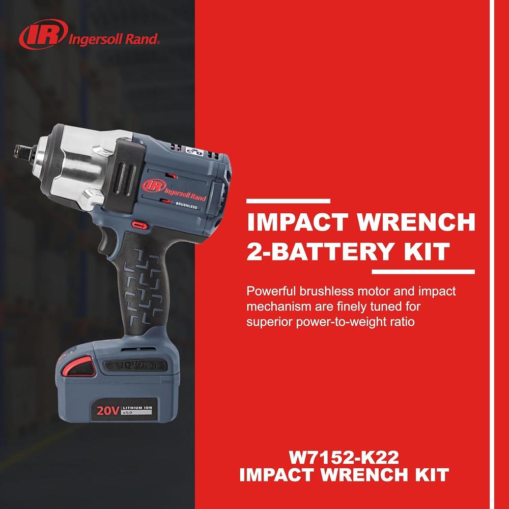 Ingersoll Rand W7152-K22 20V High Torque 1/2 Inch Drive Cordless Impact Wrench, 2 Battery Kit