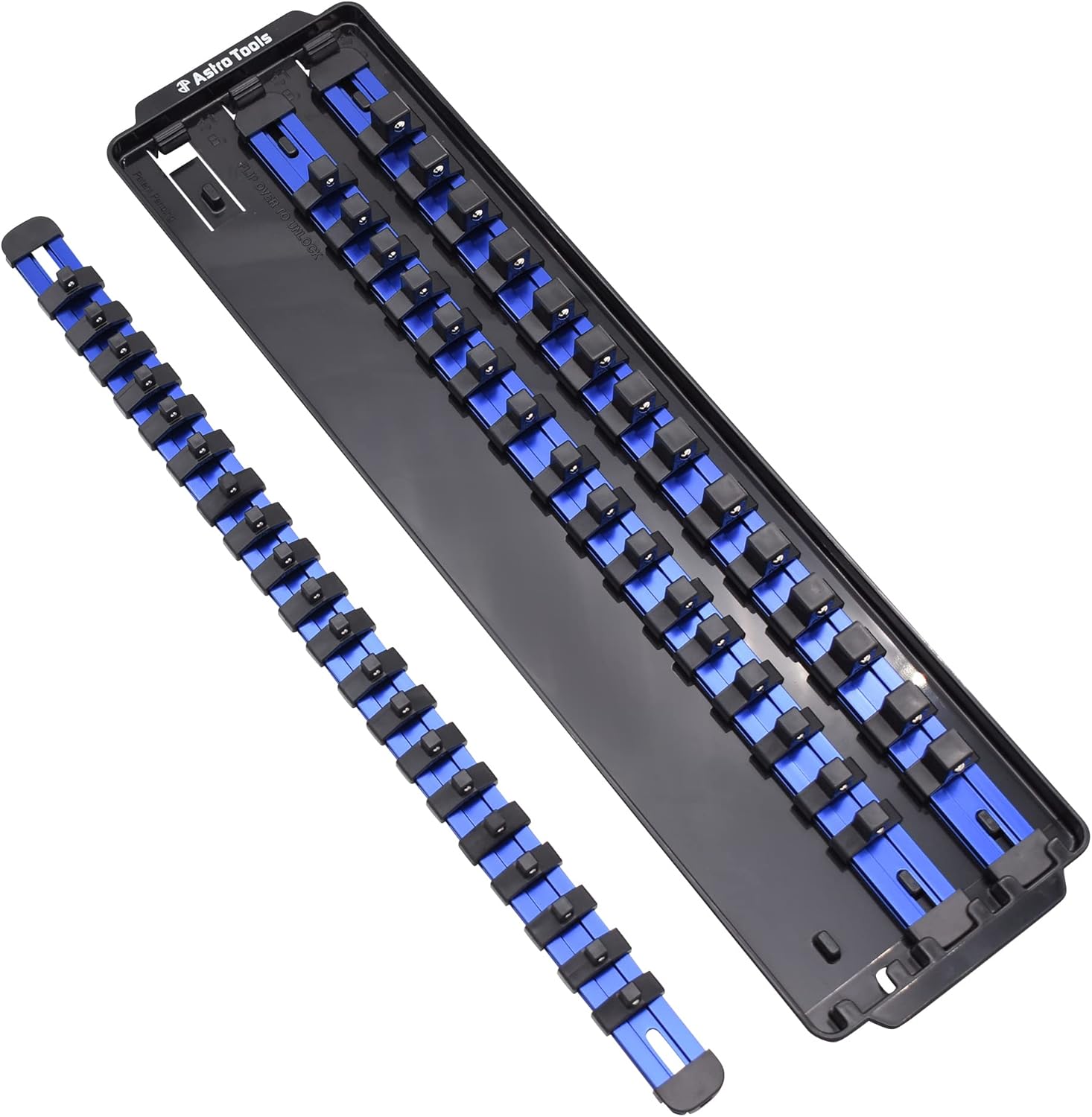 Astro Pneumatic 9023B BLUE ALUMINUM RAIL SOCKET ORGANIZER TRAY WITH 50 SOCKET HOLDERS FOR 1/4", 3/8" & 1/2" DRIVE SOCKETS