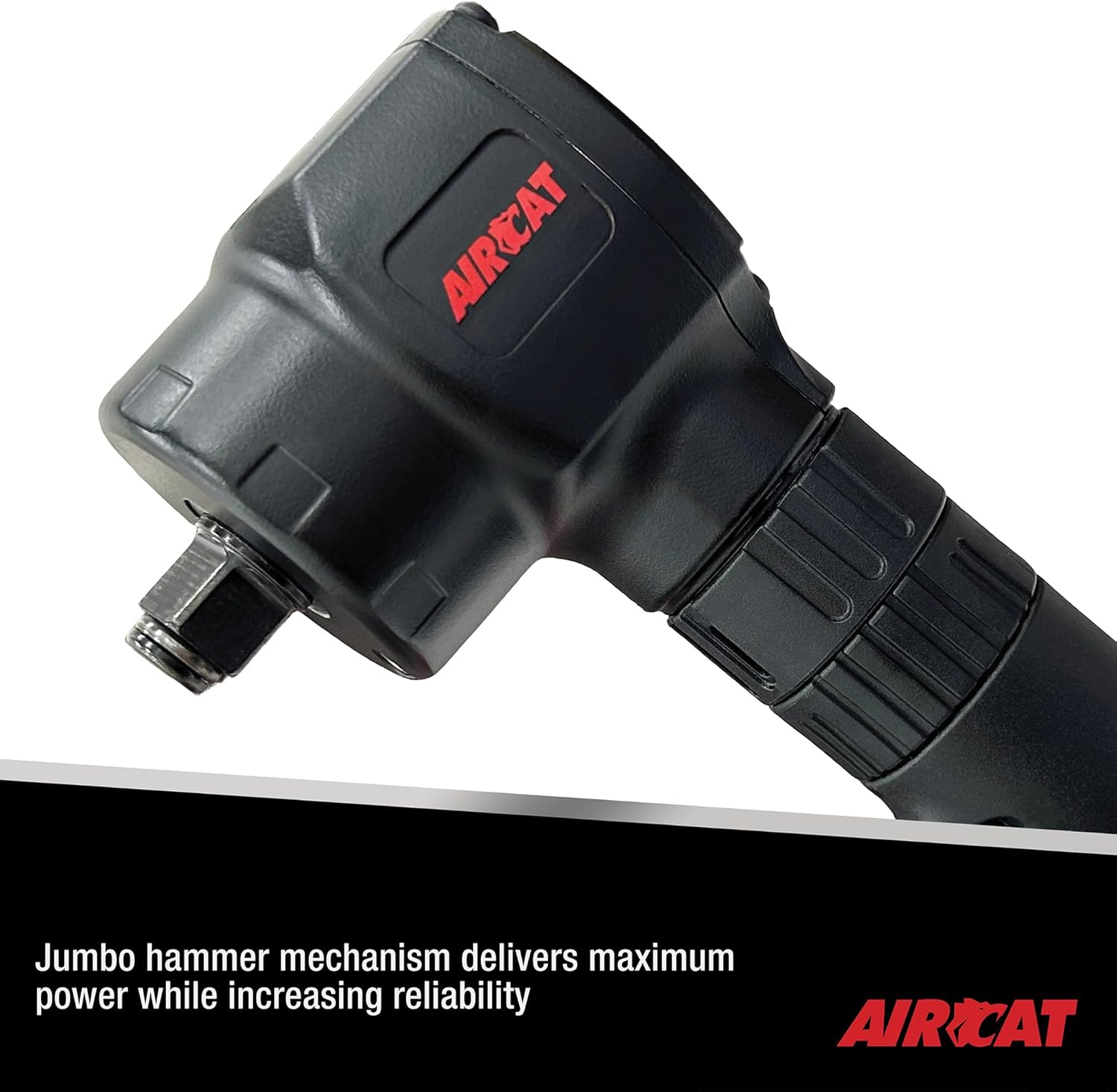 Close-up of Aircat 1070 Angle Impact Wrench head showcasing the Jumbo Hammer Mechanism for maximum power and increased reliability