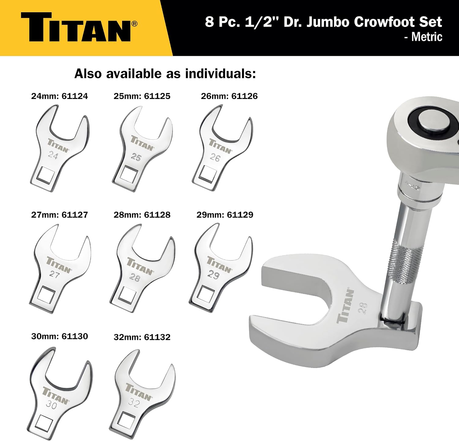 Titan Tools 17678 individual crowfoot wrench sizes shown with ratchet extension in use, also available as singles