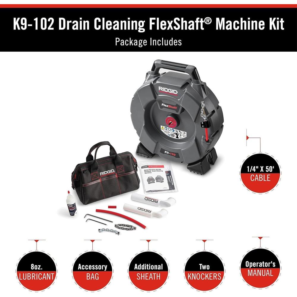 Ridgid 64263 Arbre flexible, machine de nettoyage de canalisations K9-102 pour tuyaux de 1-1/4 à 2" ; comprend : un câble et un kit de 50' 1/4"