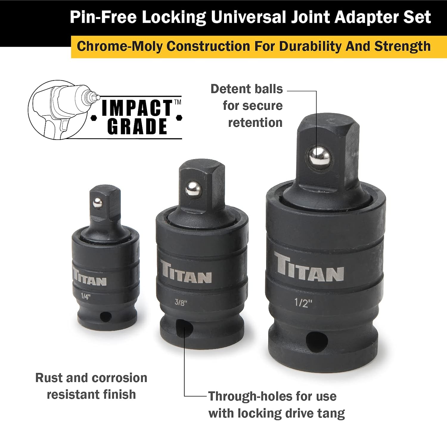Titan Tools 16051 16151 Pin-Free Locking Impact U-Joint Set-3 Piece