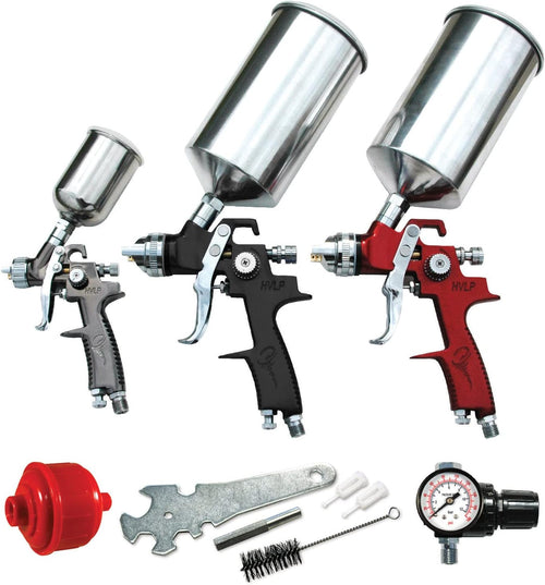 ATD Tools 6900 9-Piece HVLP Spray Gun Set with 1.8mm primer gun, 1.4mm topcoat gun, 1.0mm touch-up gun, aluminum cups, pressure regulator, and cleaning kit