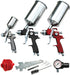 ATD Tools 6900 9-Piece HVLP Spray Gun Set with 1.8mm primer gun, 1.4mm topcoat gun, 1.0mm touch-up gun, aluminum cups, pressure regulator, and cleaning kit