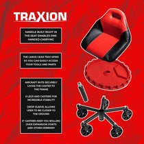 Traxion TRX-2-700R ProGear Race Seat feature callout infographic highlighting built-in handle, gear tray, aircraft-grade nuts, large casters, and drop sleeve design