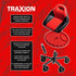 Traxion TRX-2-700R ProGear Race Seat feature callout infographic highlighting built-in handle, gear tray, aircraft-grade nuts, large casters, and drop sleeve design