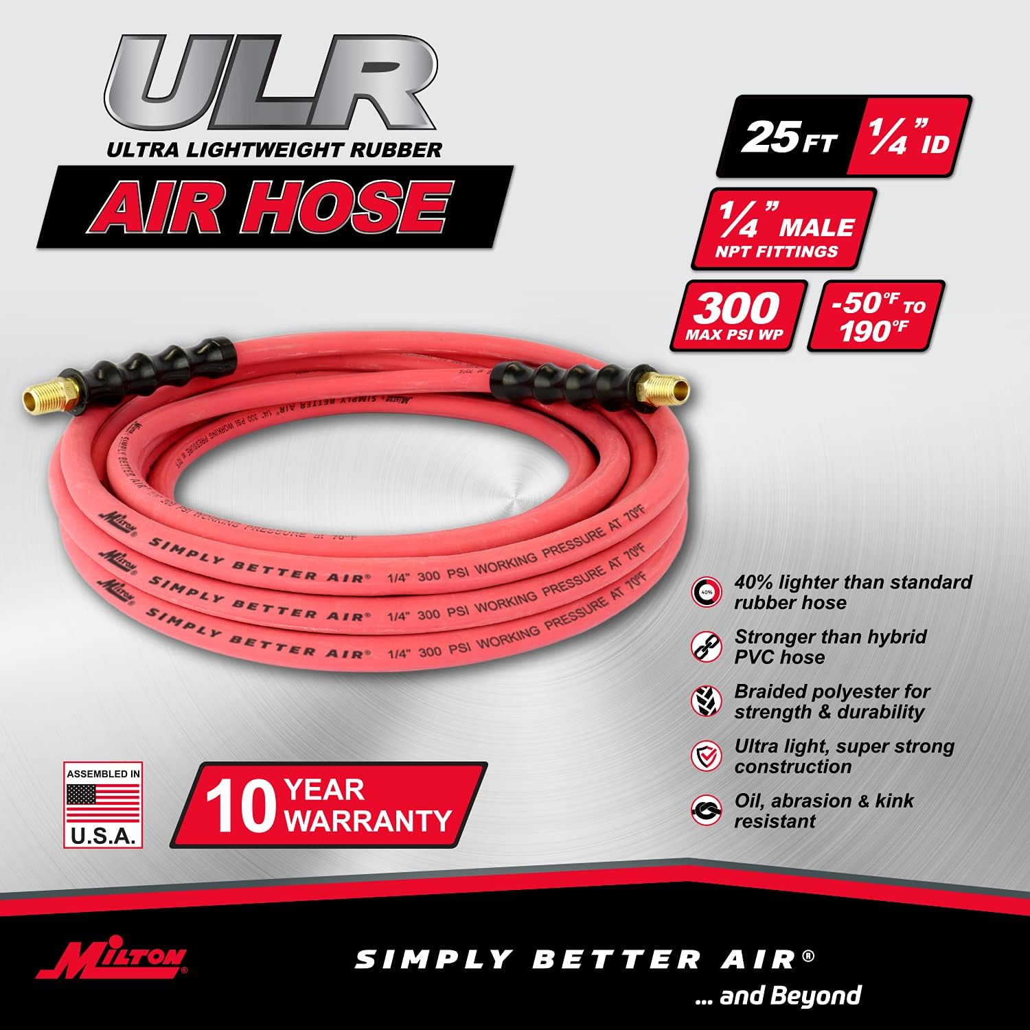 Milton Industries ULR142514 Tuyau d'air en caoutchouc ultra léger 1/4" x 25' avec extrémités 1/4" NPT