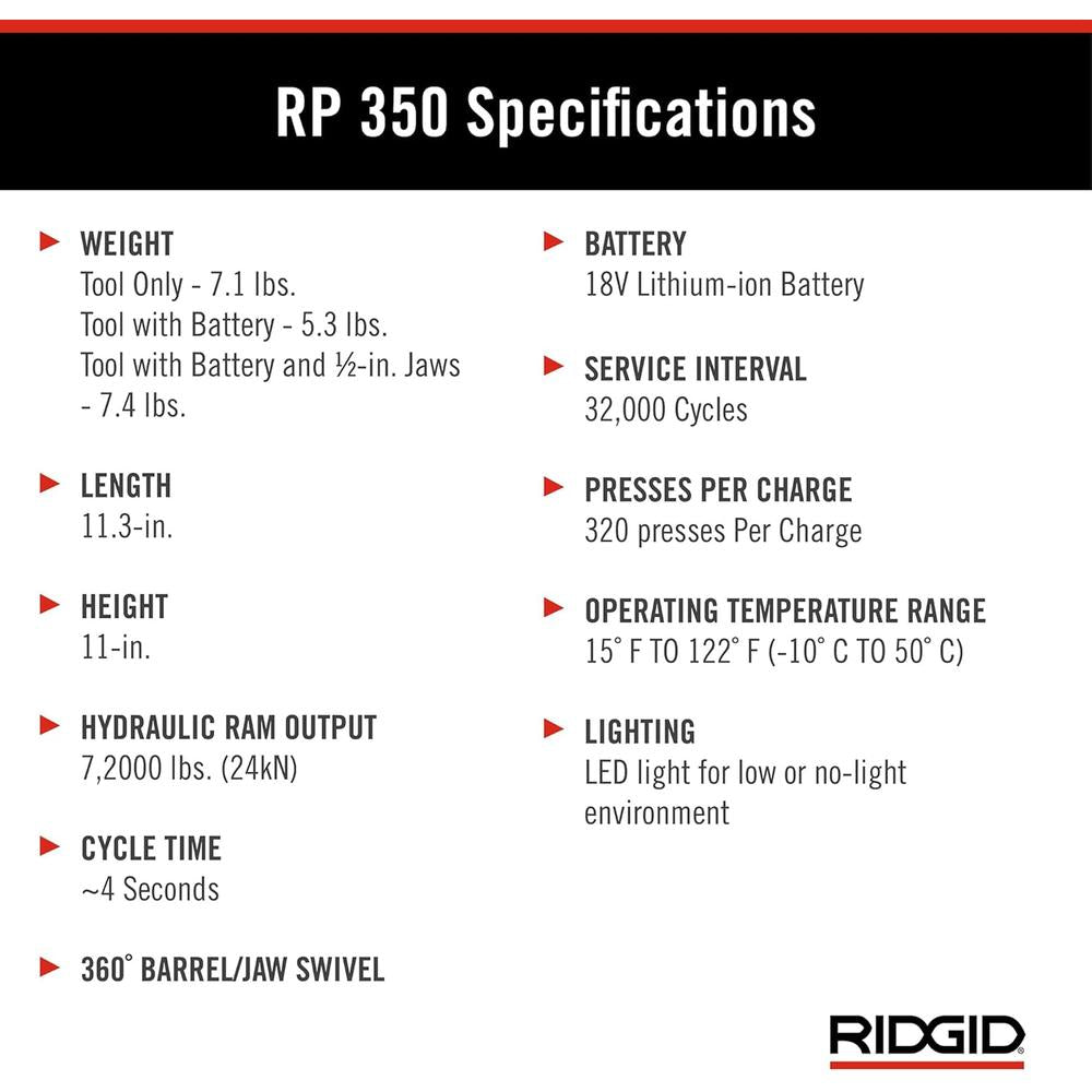 Ridgid 67053 RP 350 Pistol-Grip Press Tool With 18V 2.5Ah Battery, 1/2" - 2" Propress Jaws