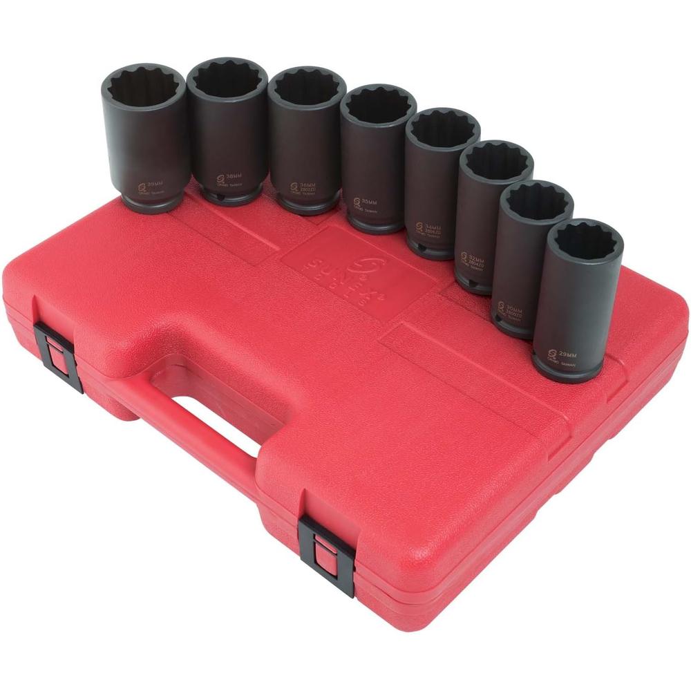 Sunex Tools 2835 Jeu de douilles à chocs pour écrou de broche profond, 1/2 po, métrique, standard, 12 pans, Cr-Mo, 29 mm - 39 mm, 8 pièces