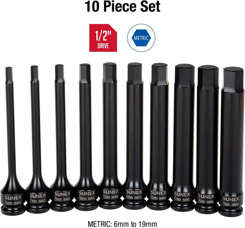 Sunex 2639L 10 Piece 1/2" Drive Metric Impact Hex Driver Set