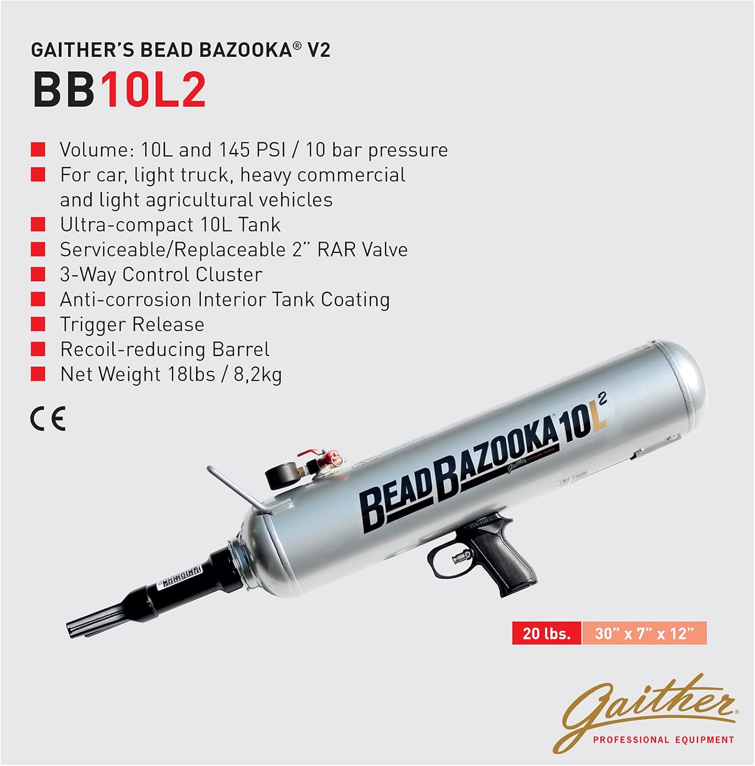 Gaither GBB10L2 10-Liter Bead Bazooka with 2" RAR Valve