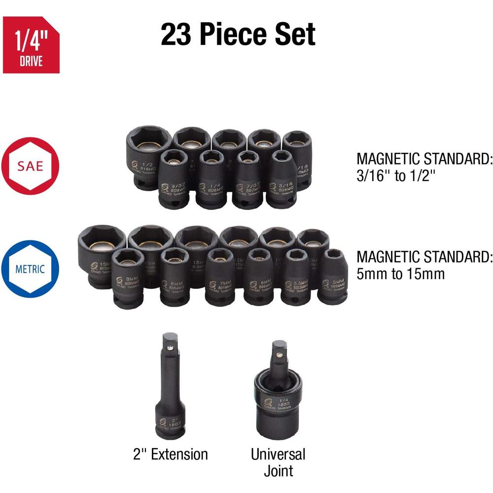 Sunex 1818, 1/4 Inch Drive Master Magnetic Socket Set, 23-Piece, SAE/Metric, 3/16" - 1/2", 5mm-15mm, Cr-Mo Steel, Heavy Duty Storage Case, Includes Universal Joint & 2 Extension