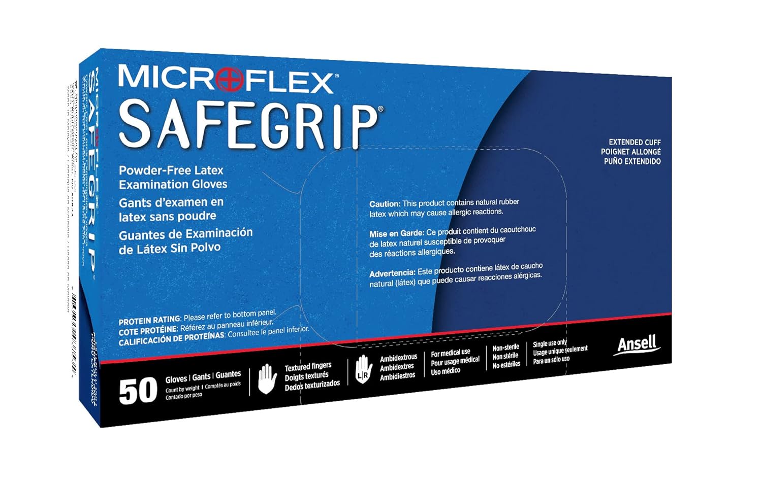 Gants d'examen Microflex SG-375-XL-Box Safegrip, latex PF, texturé, manchette allongée, bleu, XL (lot de 50)