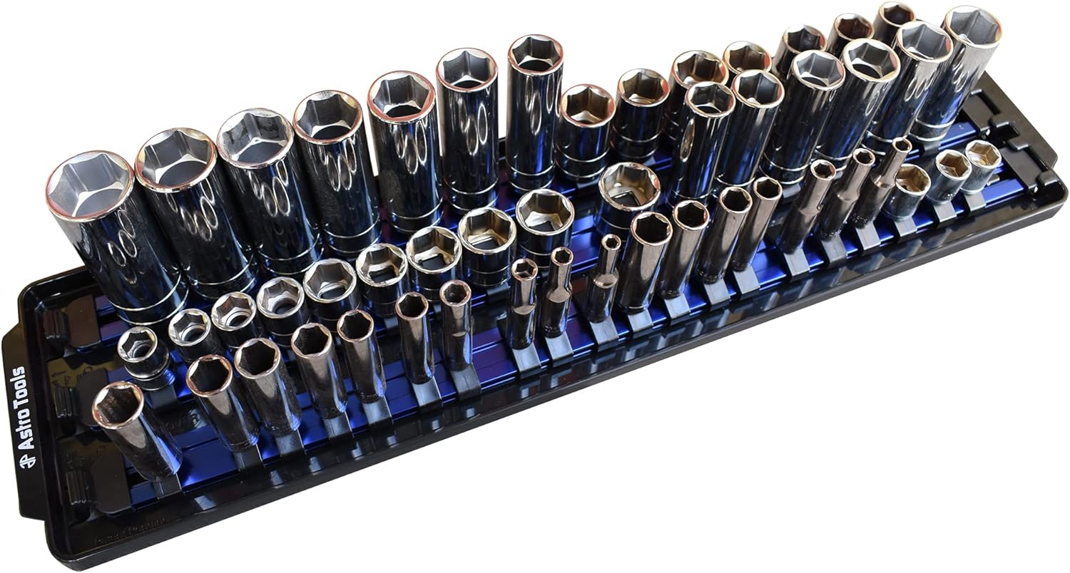 Astro Pneumatic 9023B BLUE ALUMINUM RAIL SOCKET ORGANIZER TRAY WITH 50 SOCKET HOLDERS FOR 1/4", 3/8" & 1/2" DRIVE SOCKETS