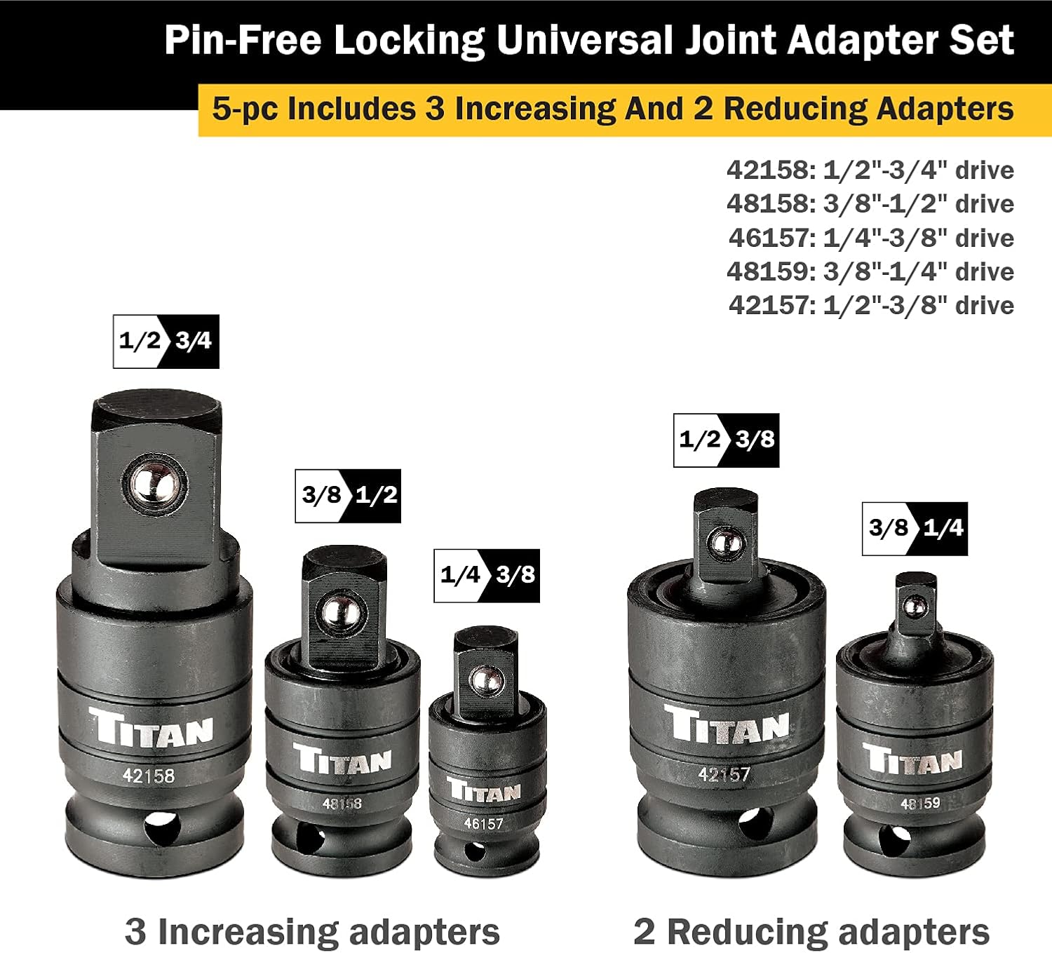 Titan Tools 16150 Pin-Free Locking U-Joint Adapter Set-5 pieces