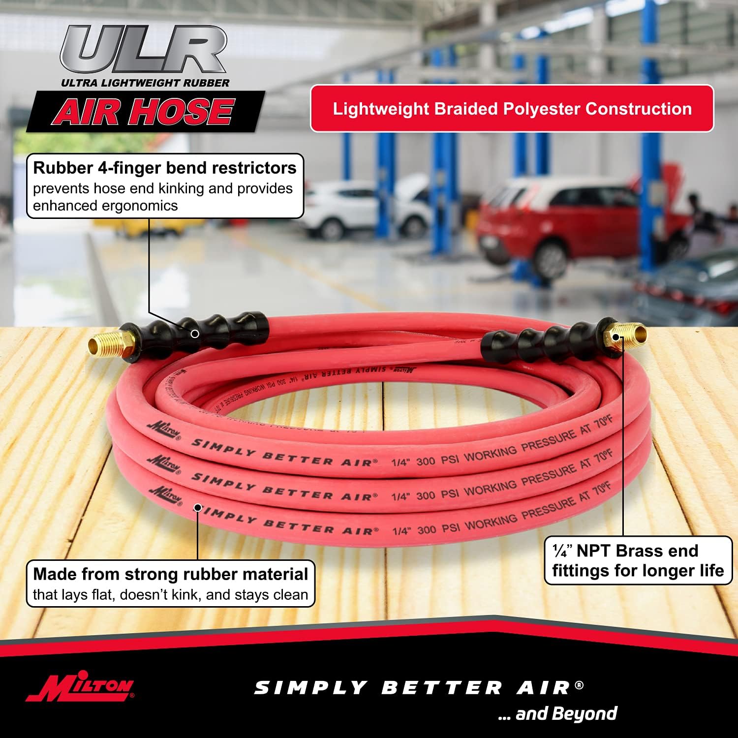 Milton Industries ULR142514 Tuyau d'air en caoutchouc ultra léger 1/4" x 25' avec extrémités 1/4" NPT
