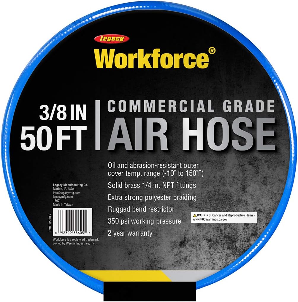 Legacy Manufacturing HWF3850BL2 Workforce Air Hose, 3/8" X 50', 1/4" Fittings, Blue, PVC