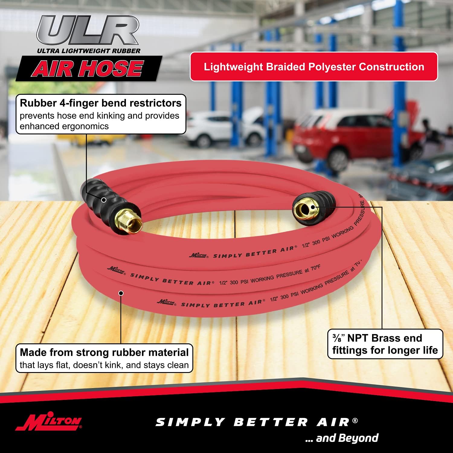 Milton Industries ULR122538 1/2" X 25' ULTRA LIGHTWEIGHT RUBBER AIR HOSE WITH 3/8" NPT ENDS