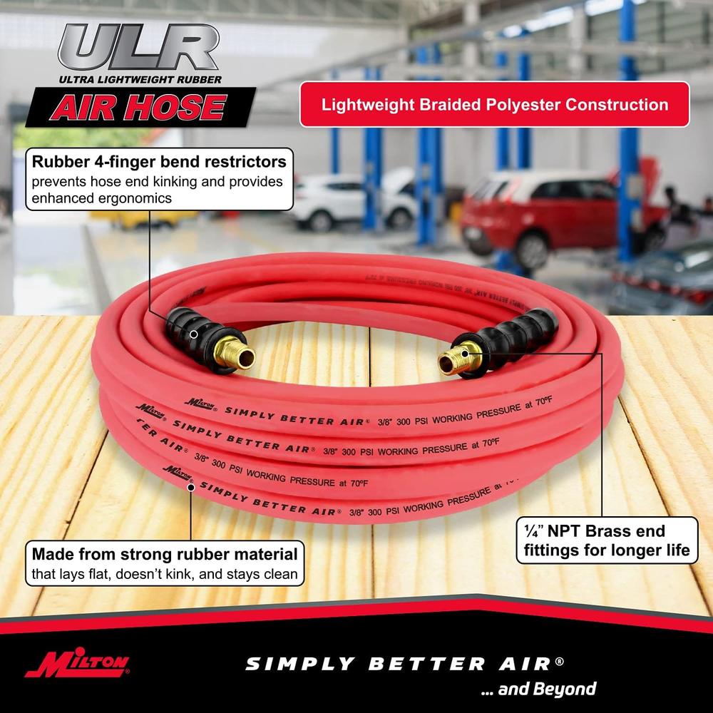Milton Industries ULR385014 TUYAU À AIR EN CAOUTCHOUC ULTRA LÉGER 3/8" X 50' AVEC EXTRÉMITÉS 1/4" NPT