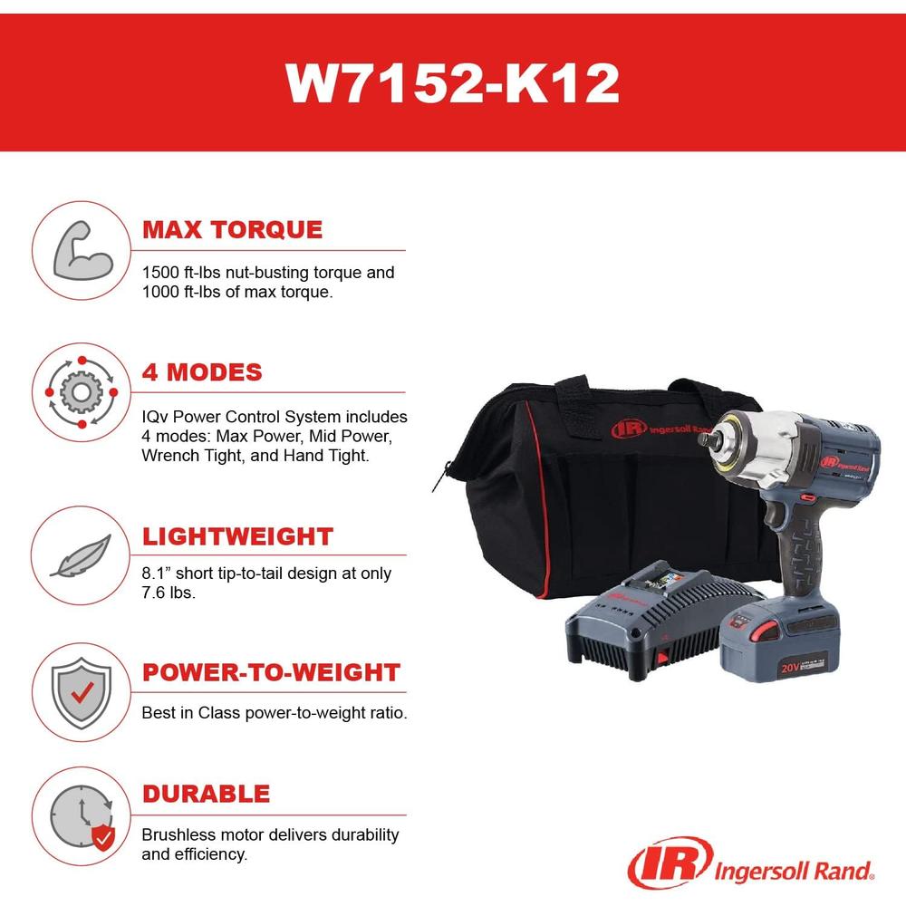Ingersoll Rand 1/2" 20V Cordless Impact, 1 Battery Kit, W7152-K12, (1) Battery Kit