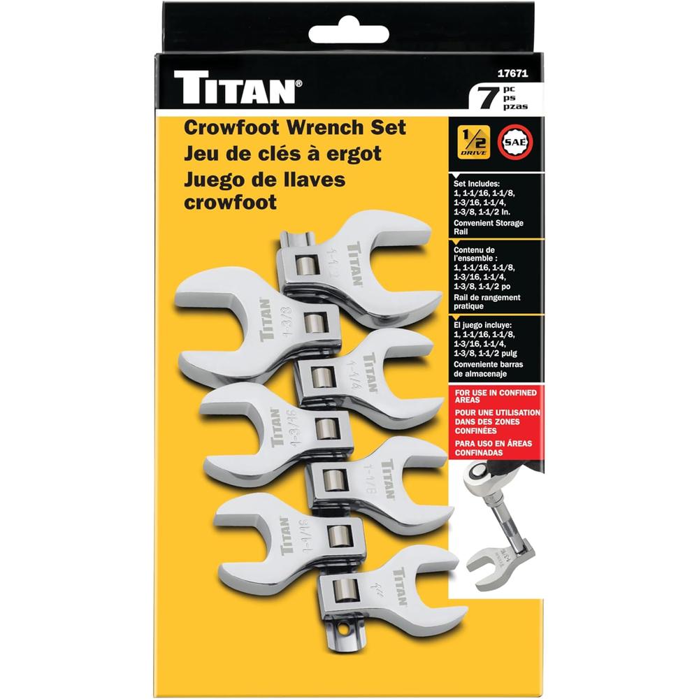 Titan Tools 17671 7pc 1/2" Drive SAE Jumbo Crowfoot Wrench Set, 1" - 1-3/8"