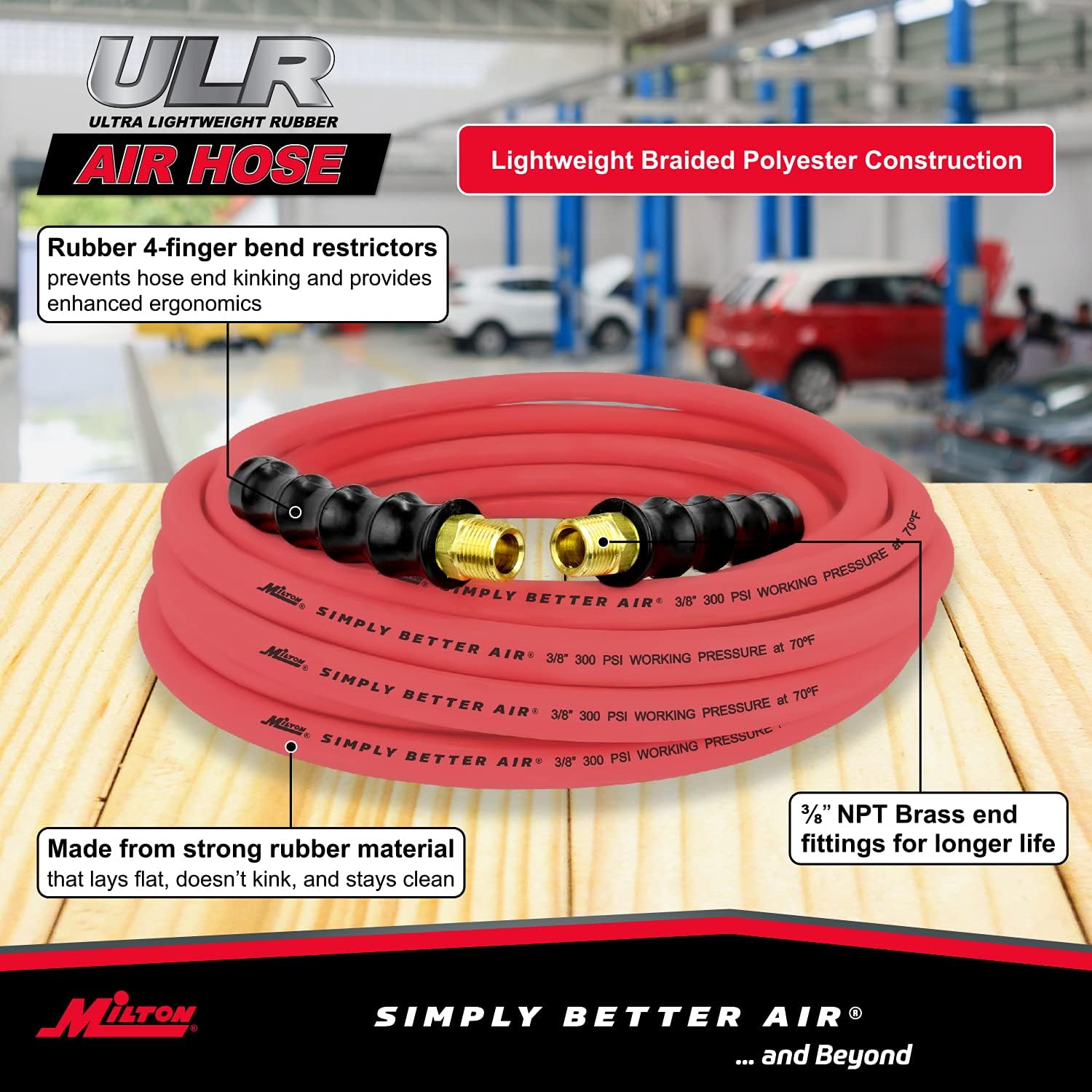 Milton Industries ULR383538 Tuyau d'air en caoutchouc ultra léger 3/8" x 35' avec extrémités 3/8" NPT