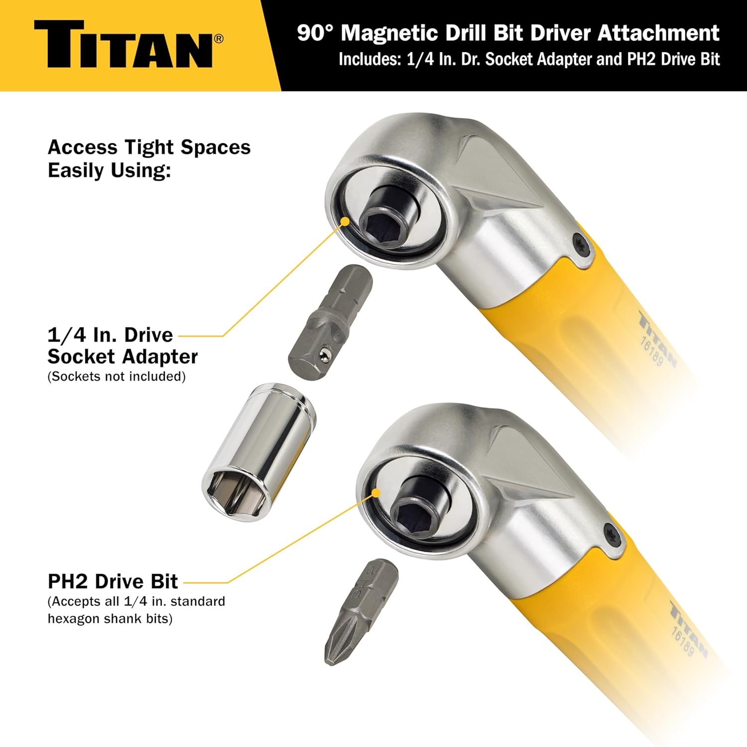 Titan Tools 16189 Perceuse magnétique à 90° et tournevis à embout, qualité impact, tige hexagonale 1/4"