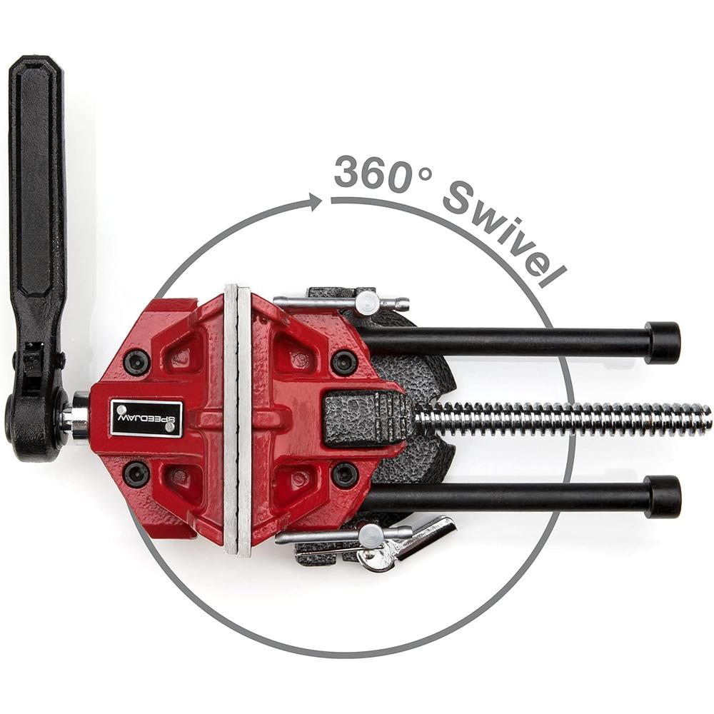 SPEEDJAW 4-Inch Low-Profile Bench Vise, Ratcheting Handle, Detachable Posi-clock Base Mount, Durable Steel Jaws