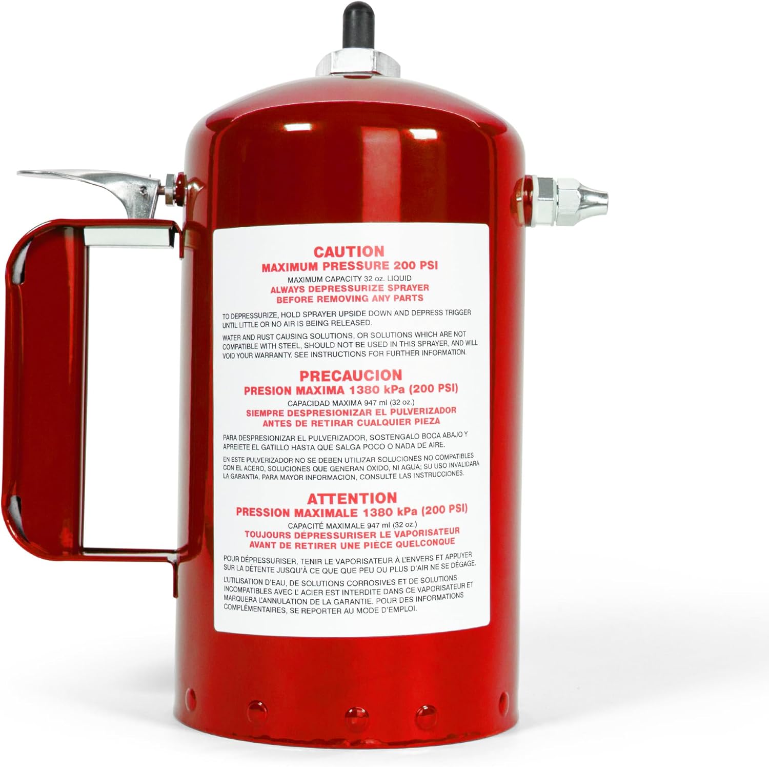 Sure Shot A1000R Red Steel Sprayer back label showing 200 PSI max pressure caution in English, Spanish, and French