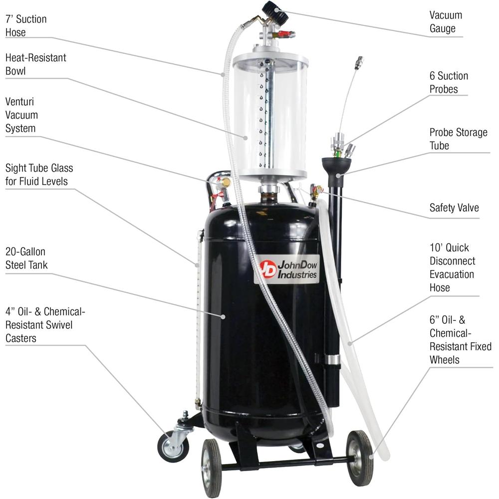JohnDow Industries JDI-20EV-B ÉVACUATEUR DE FLUIDE DE 20 GALLONS AVEC BOL TRANSPARENT DE 2 GALLONS