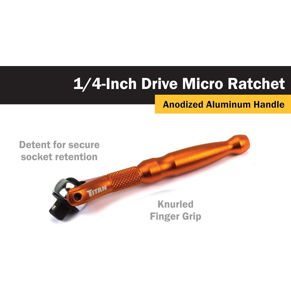 Titan Tools 11322 4" LONG 1/4" DRIVE ALUMINUM SWIVEL HEAD 90-TOOTH MICRO RATCHET, ORANGE
