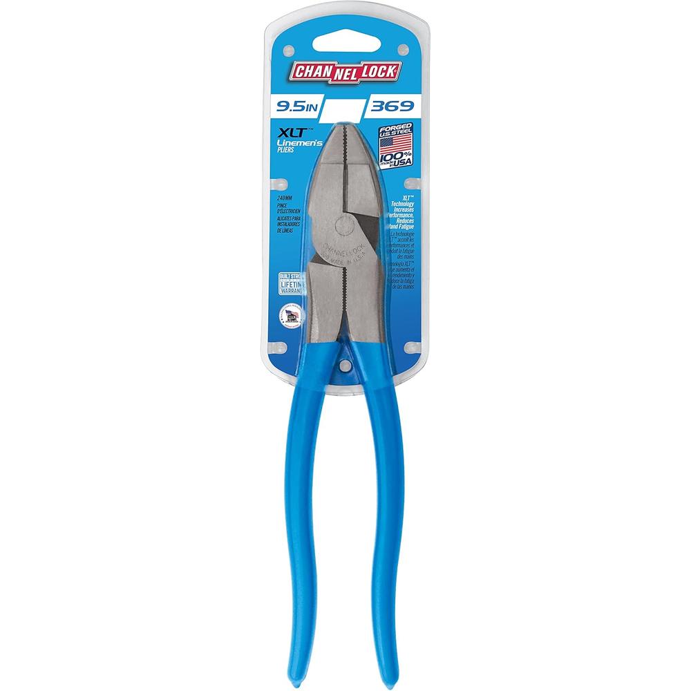Channellock 369 9.5-Inch Lineman's Pliers | Xtreme Leverage Technology (XLT) Requires Less Force to Cut than Other High-Leverage Models | Forged from High Carbon Steel | Made in the USA, Blue Handle
