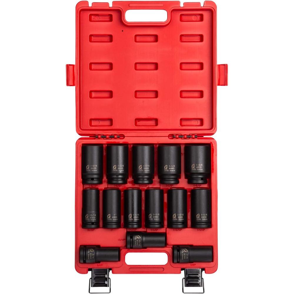 Sunex Tools 4638 3/4  in. Drive Deep Impact Socket Set, 14 pieces, SAE, 3/4" - 1-5/8", Cr-Mo Alloy Steel, Radius Corner Design, Dual Size Markings, Heavy Duty Storage Case