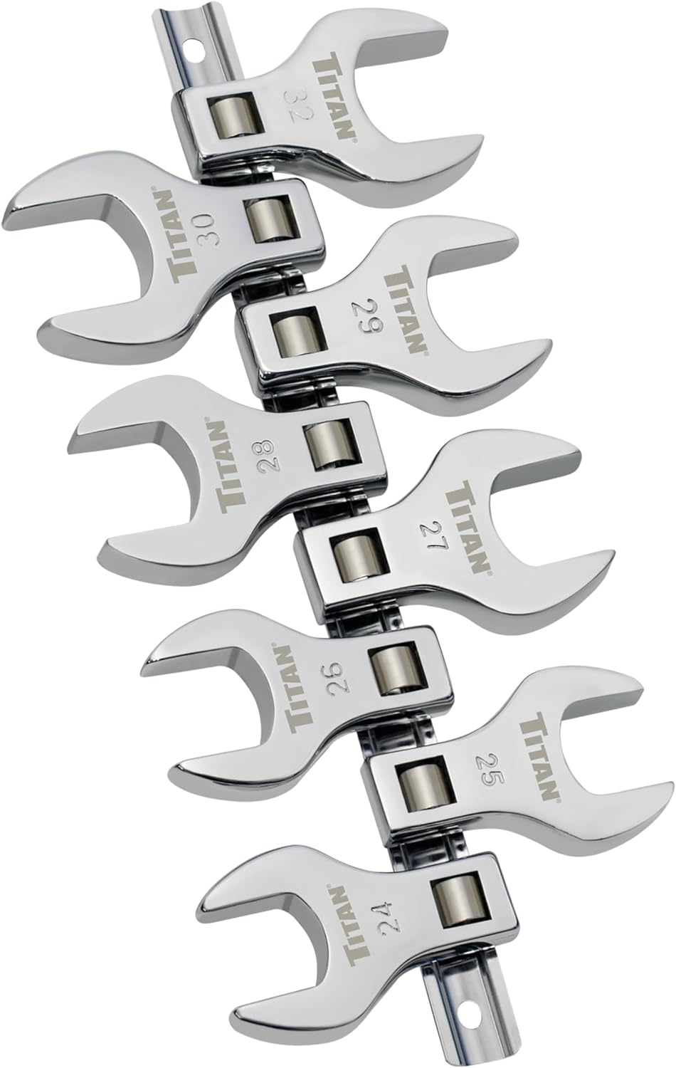 Titan Tools 17678 8pc 1/2" Drive Metric Jumbo Crowfoot Wrench Set on storage rail showing all 8 sizes 24-32mm