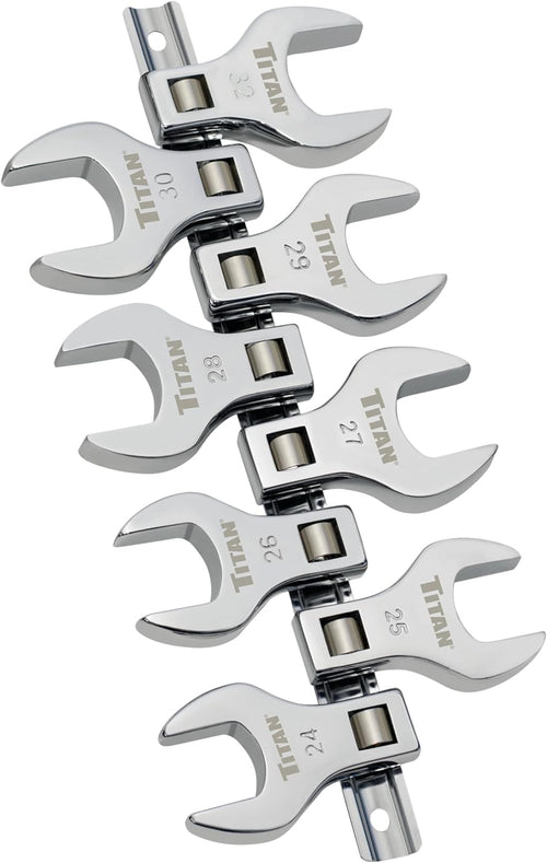 Titan Tools 17678 8pc 1/2" Drive Metric Jumbo Crowfoot Wrench Set on storage rail showing all 8 sizes 24-32mm