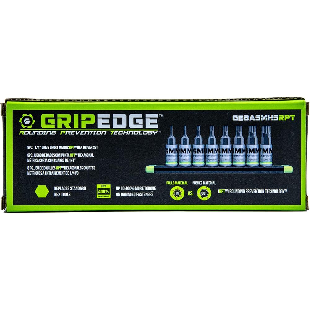 GripEdge GE8ASMHSRPT 8pc 1/4" Dr. Short Metric RPT Hex Driver Set, 1.5mm - 7mm