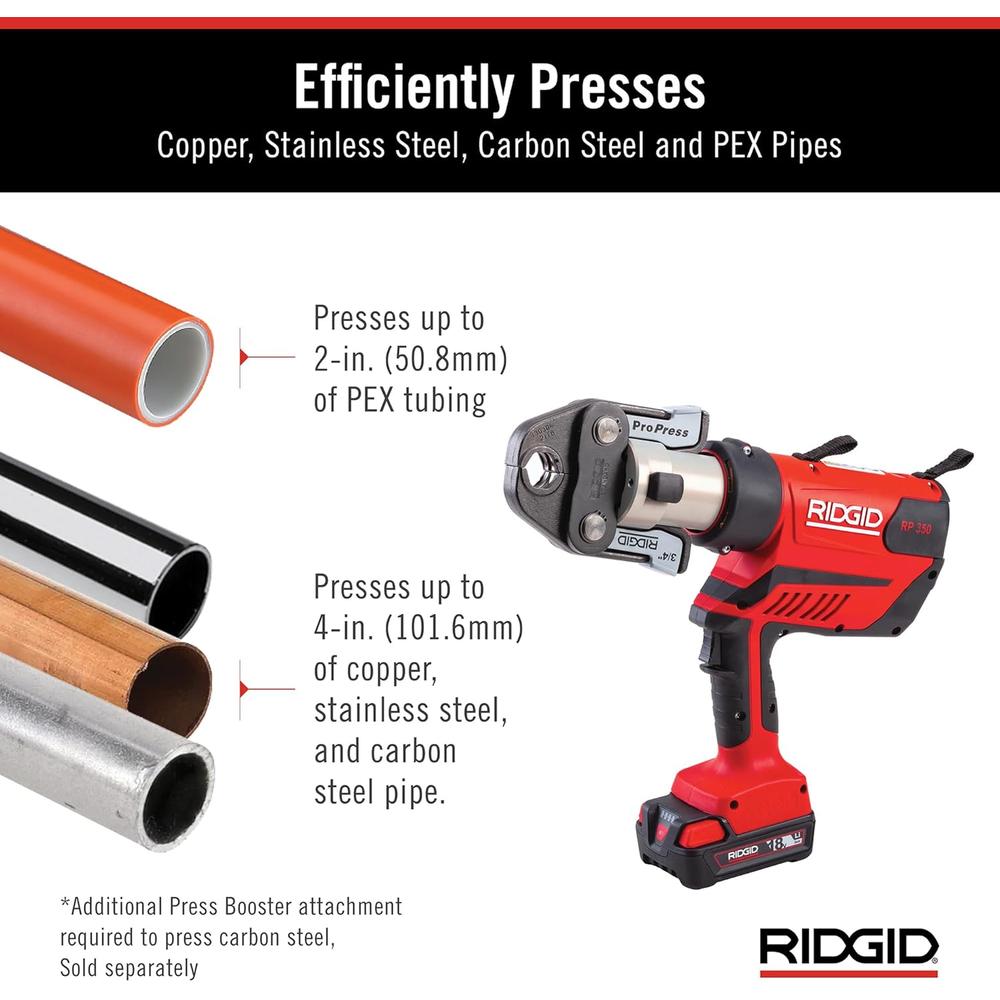 Ridgid 67053 RP 350 Pistol-Grip Press Tool With 18V 2.5Ah Battery, 1/2" - 2" Propress Jaws