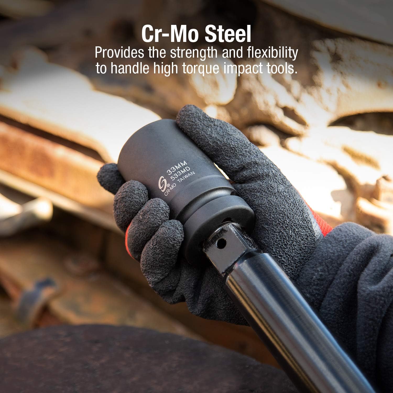 Sunex Tools 533MD, 1 Inch Drive, 33mm Deep Impact Socket, Cr-Mo Steel, Radius Corner Design, Chamfered Opening, Dual Size Markings