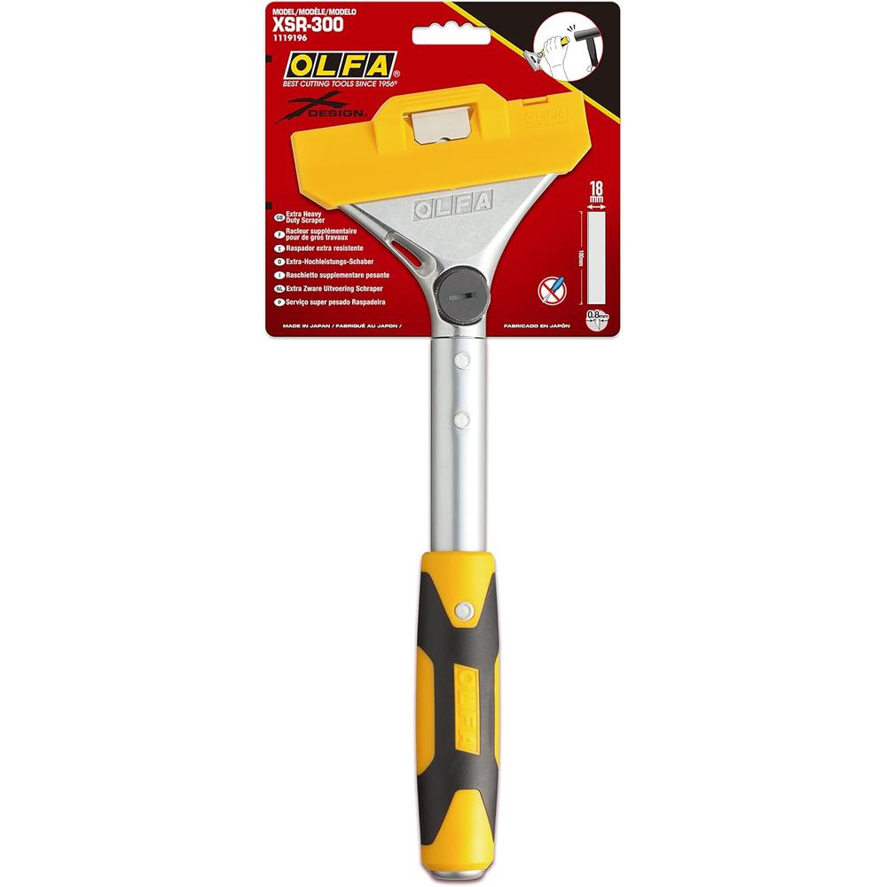 Olfa XSR-300 12" Long Extra Heavy Duty Scraper, 4" Wide Dual-Edge Blade, Steel Striking End, Rubber Grip