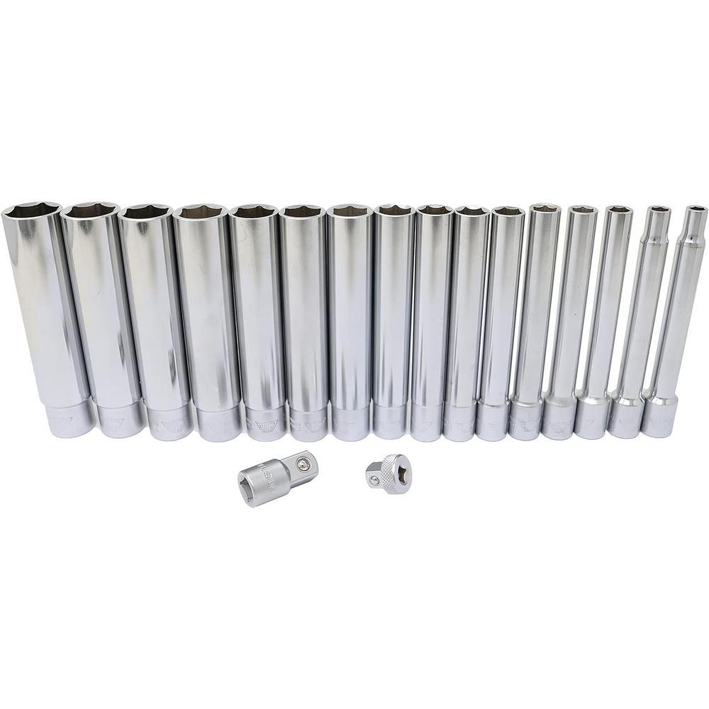 CTA Tools 1189 17-PC 3/8" &amp; 1/2" DRIVE EXTRA-LONG 6-POINT METRIC DOUILLES SET, 6MM-21MM, 3/8" X 1/4" &amp; 1/2" X 3/8" ADAPTATEURS