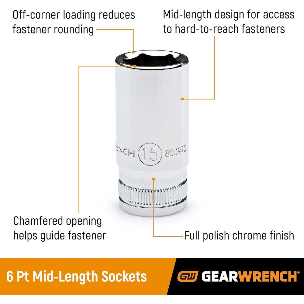GearWrench 80304S-06 13-Piece 1/4-Inch Drive 6-Point Mid Length Socket Set Metric